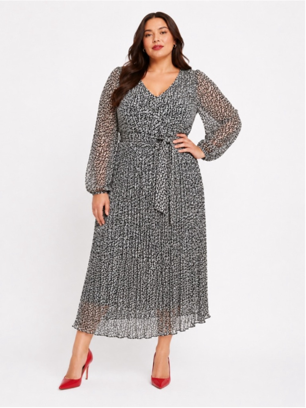 Midi to Maxi Length Dress Mini Pleat Plissé Black White Ditsy Floral Print M-XL